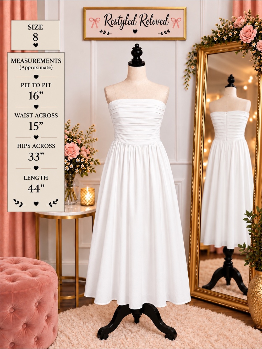 LUXELY Pleated Strapless Cotton Midi Dress – White – Size 8 – NWT